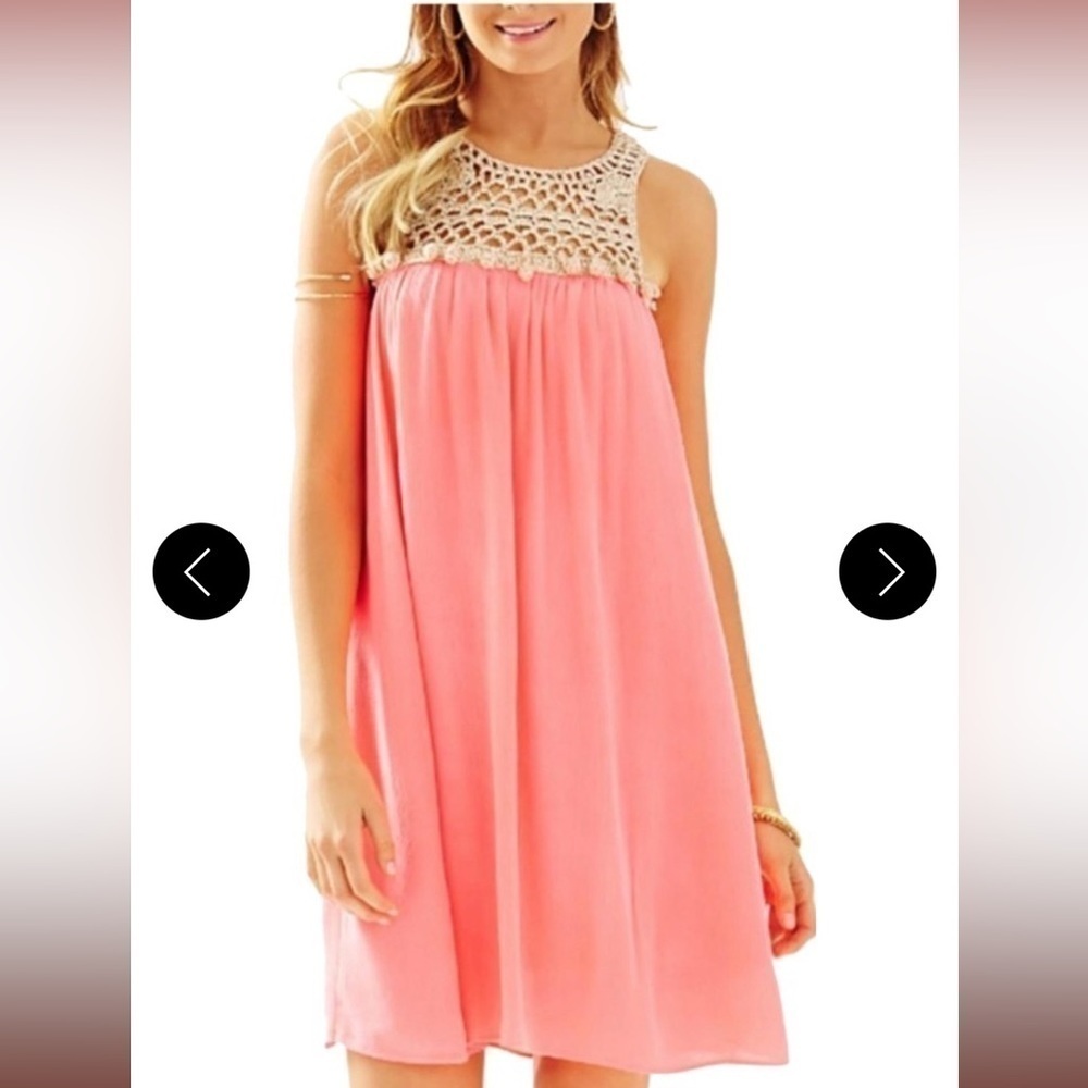 Lilly Pulitzer Rachelle Coral Gold Racerback Pom Pom Swing Dress Size Small - Picture 2 of 15